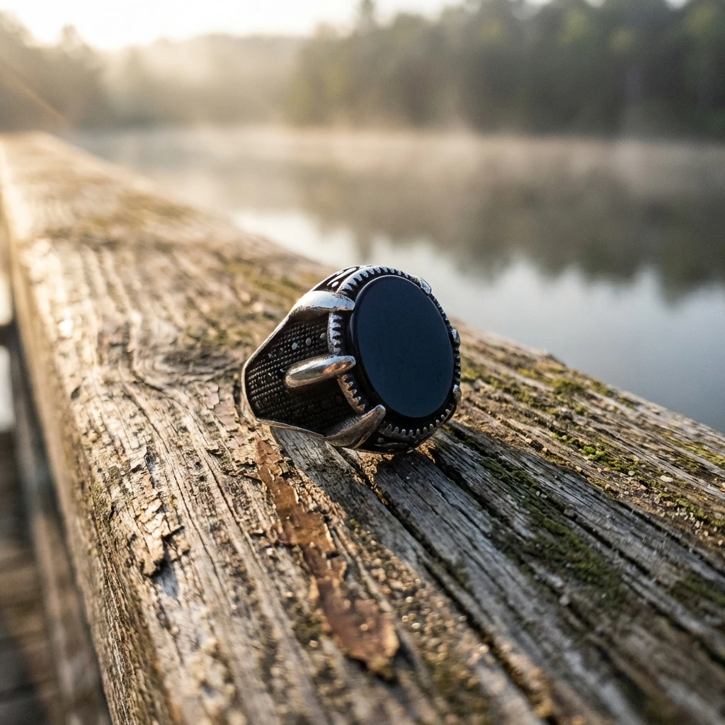 Pençe Detaylı Siyah Oniks Taşlı Erkek Yüzük