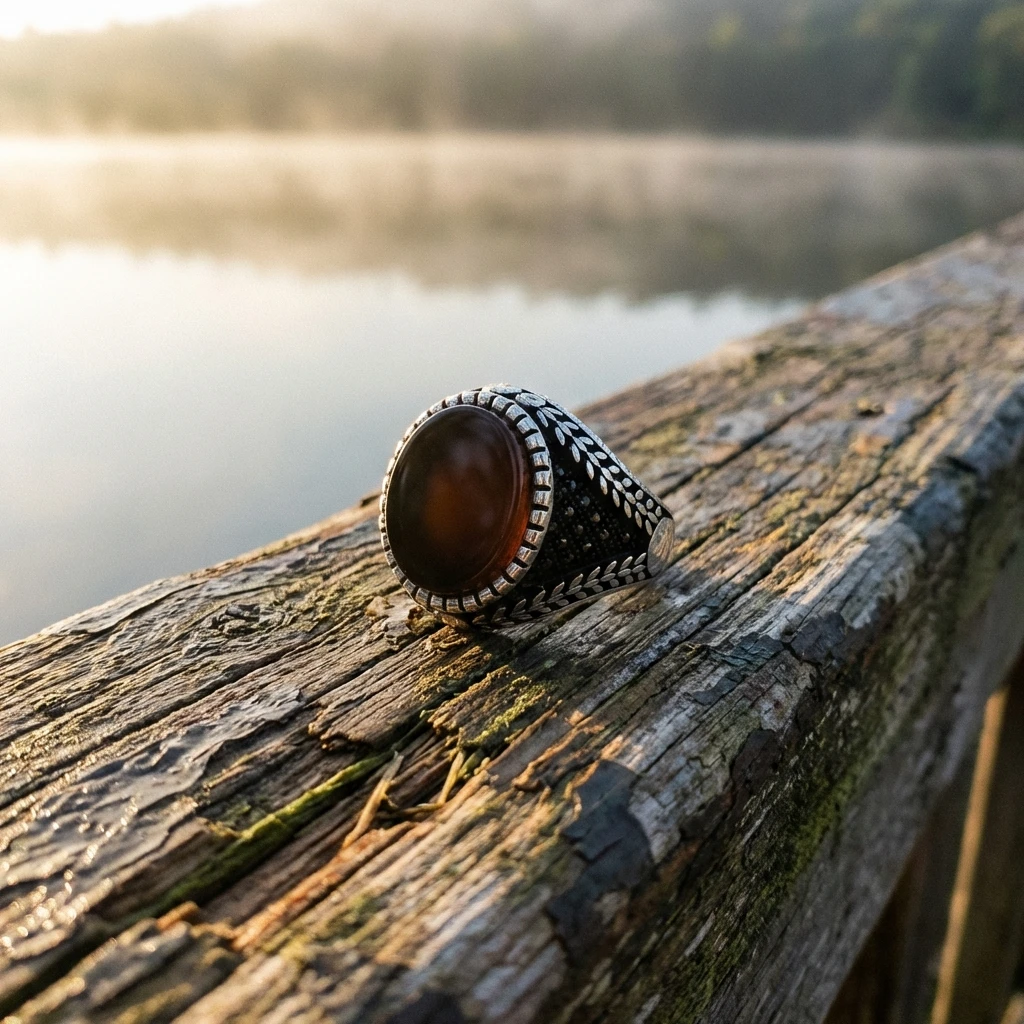 Yaprak Desenli ve Siyah Oniks Taşlı Erkek Yüzüğü