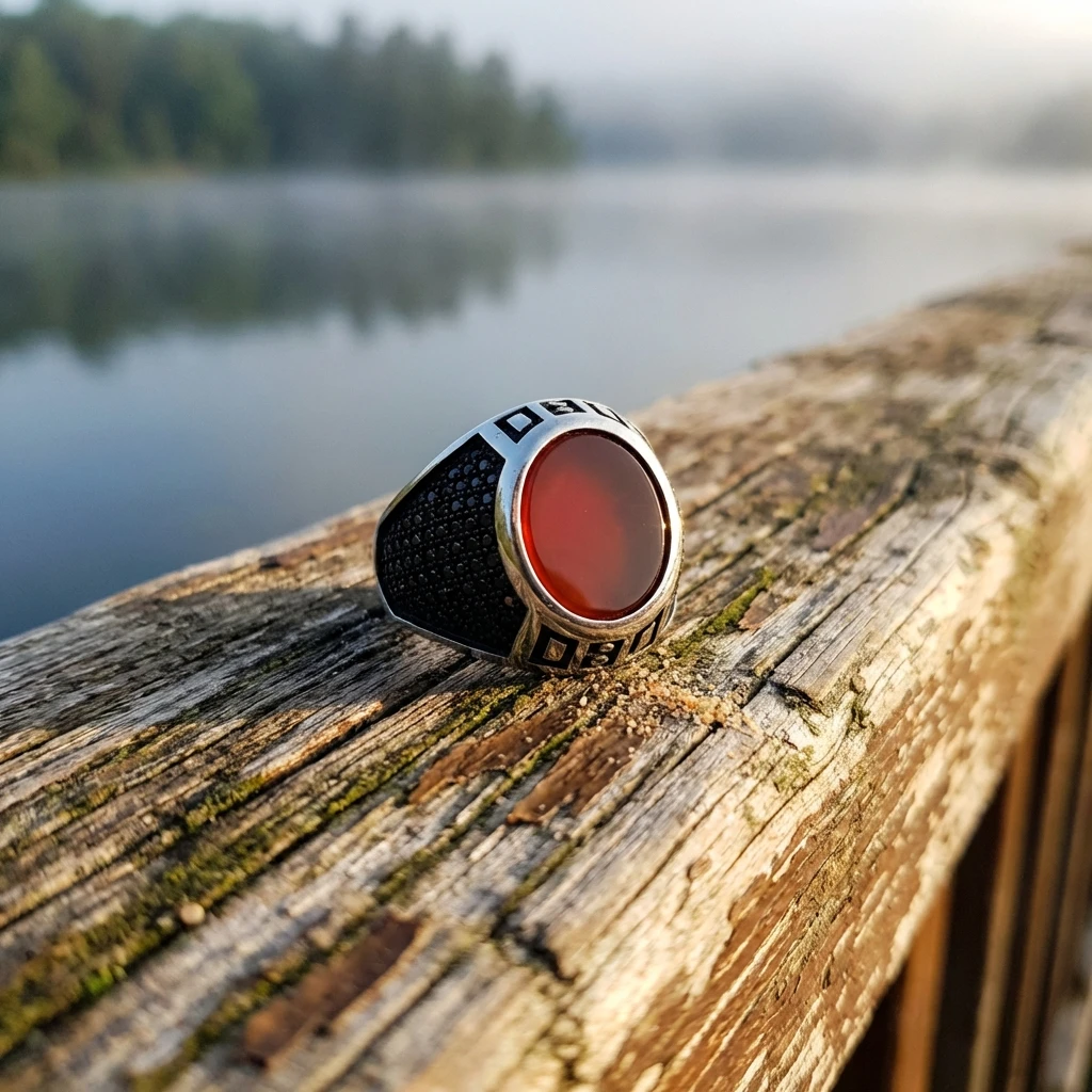Geometrik Desenli ve Kızıl Akik Taşlı Erkek Yüzük
