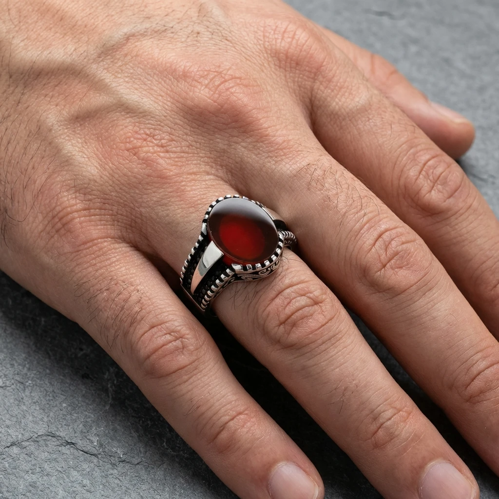 Kızıl Akik Taşlı Minimal Erkek Yüzük