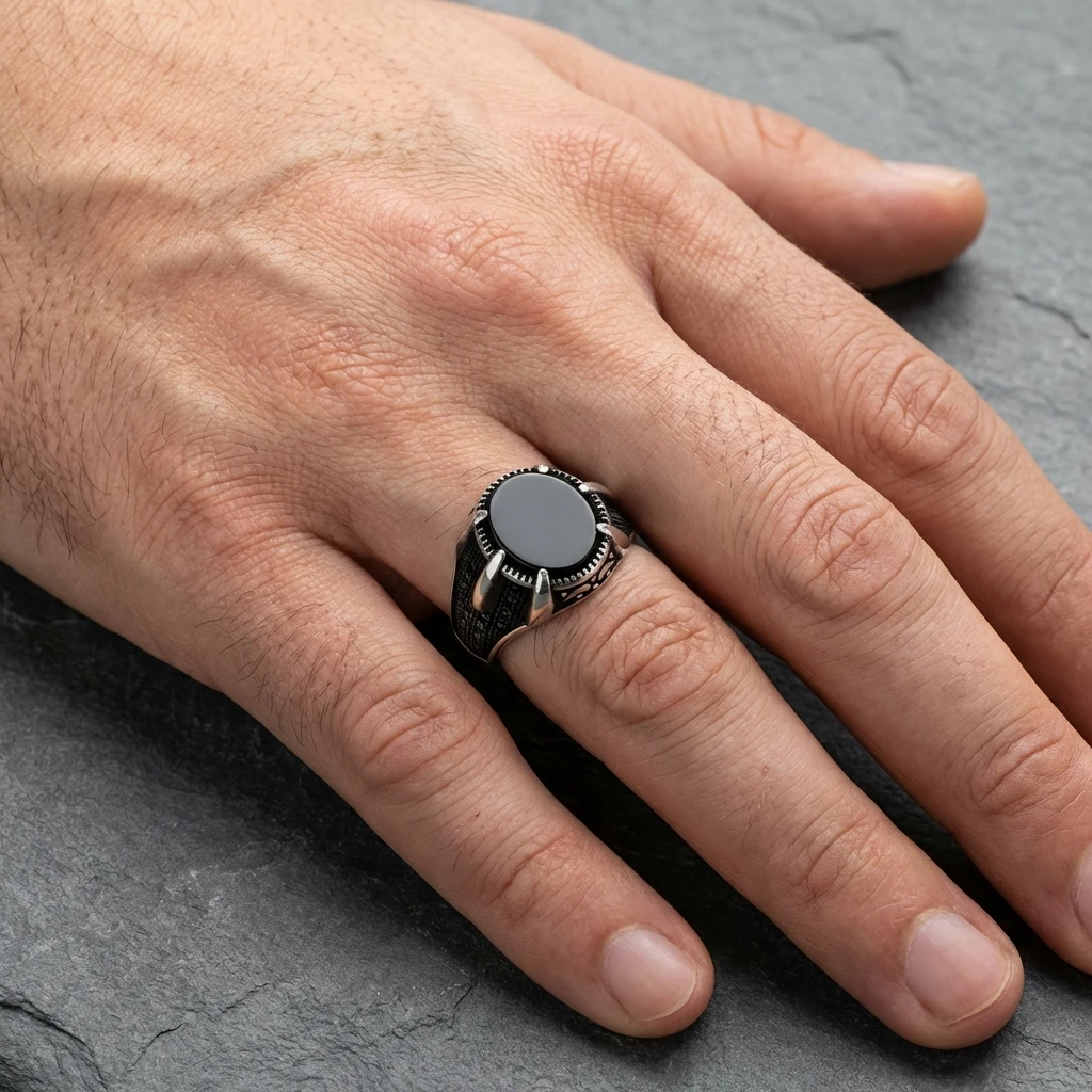 Pençe Detaylı Siyah Oniks Taşlı Erkek Yüzük