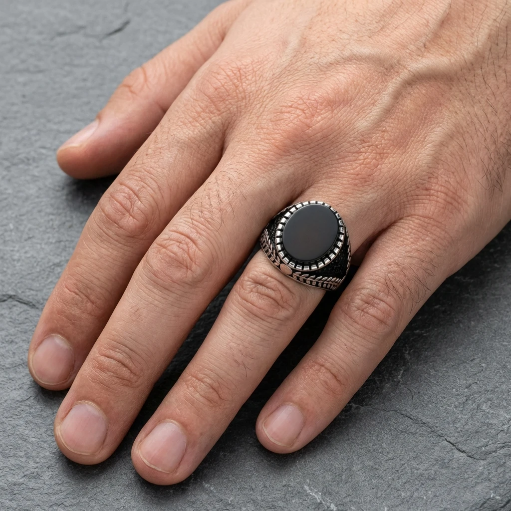 Yaprak Desenli ve Siyah Oniks Taşlı Erkek Yüzüğü