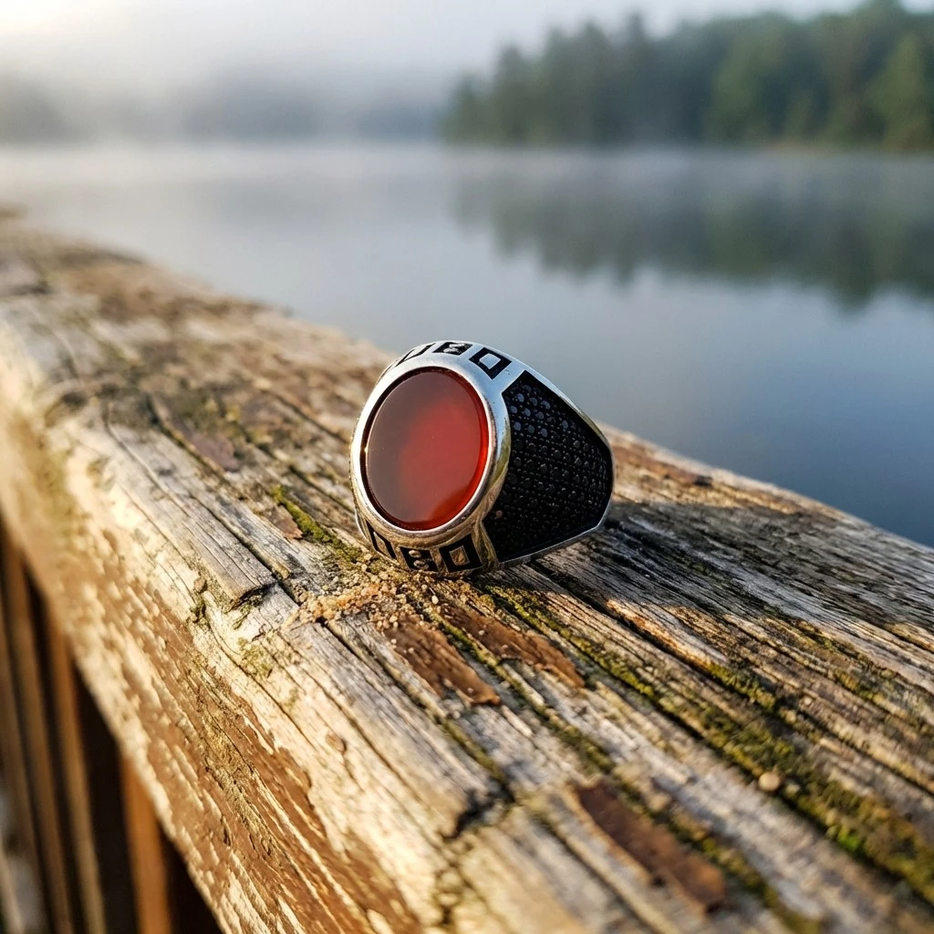 Geometrik Desenli ve Kızıl Akik Taşlı Erkek Yüzük