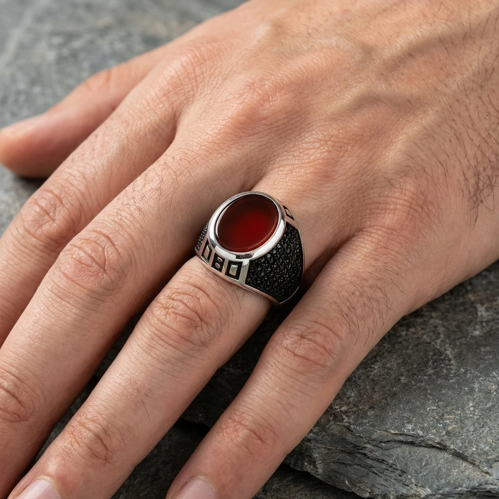 Geometrik Desenli ve Kızıl Akik Taşlı Erkek Yüzük
