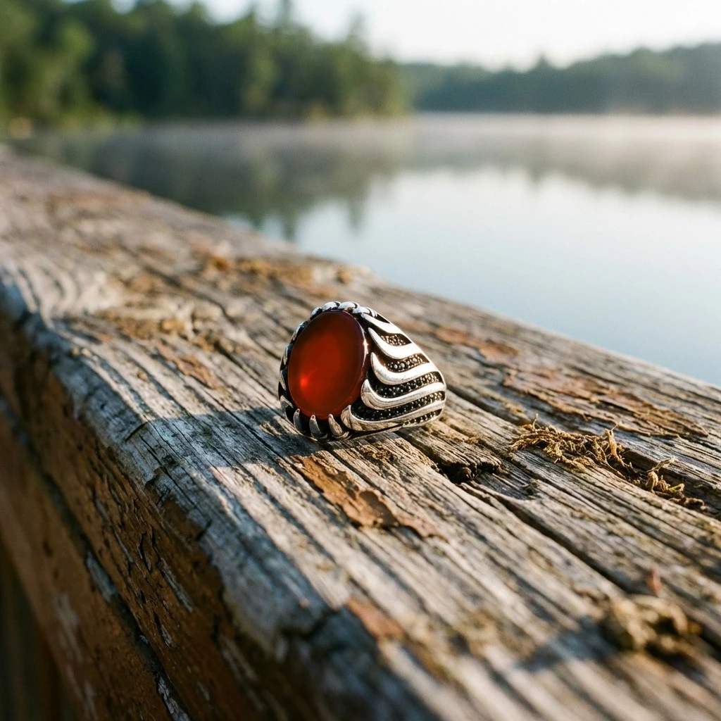 Kırmızı Akik Taşlı Pençe Tasarım Erkek Yüzük