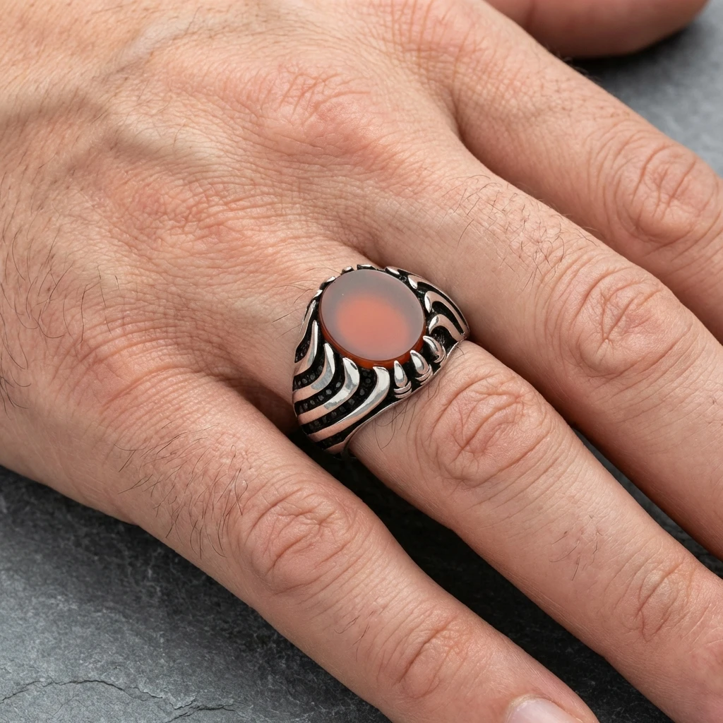 Kırmızı Akik Taşlı Pençe Tasarım Erkek Yüzük