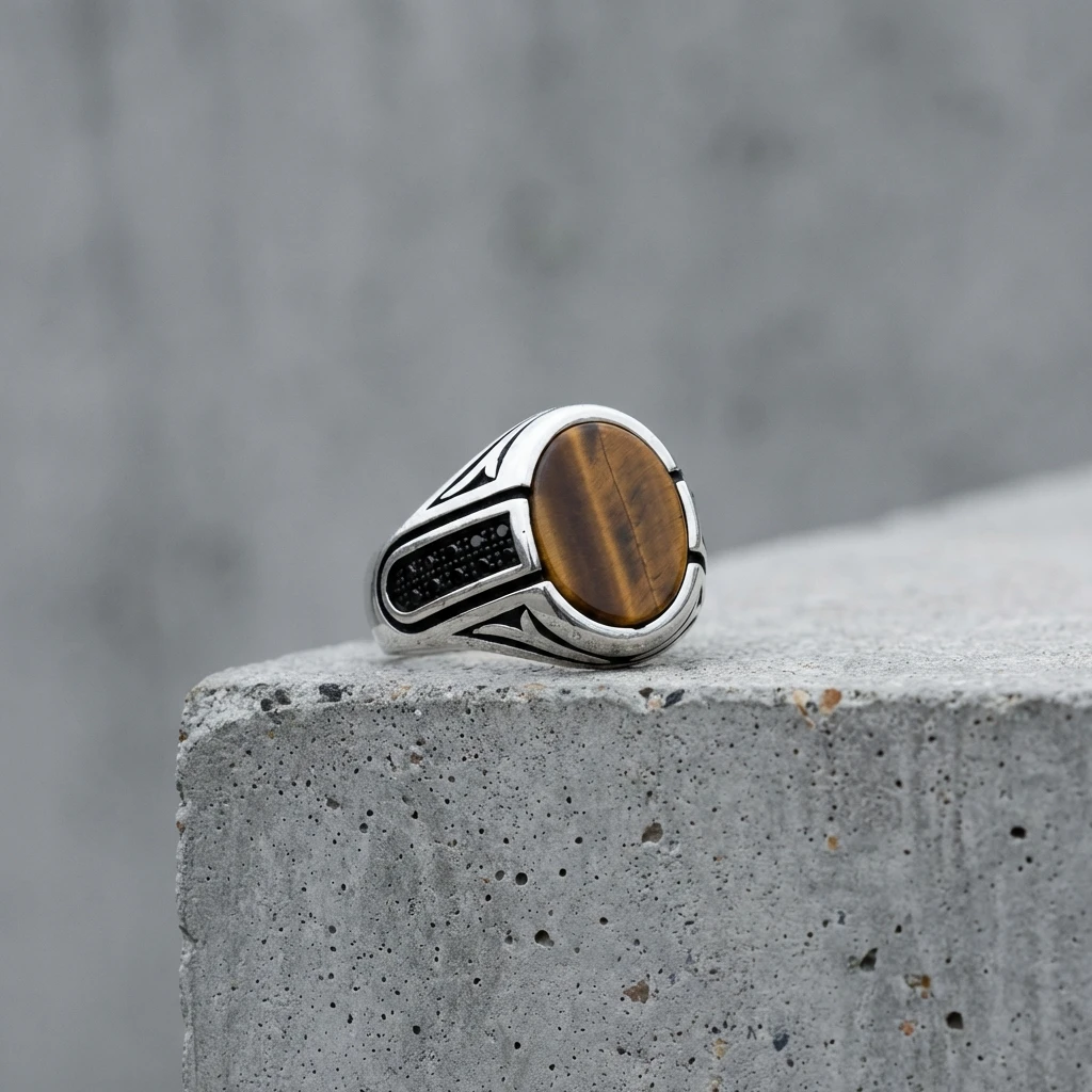 Kaplan Gözü Taşlı Yanları Siyah Zirkon İşlemeli Erkek Yüzük