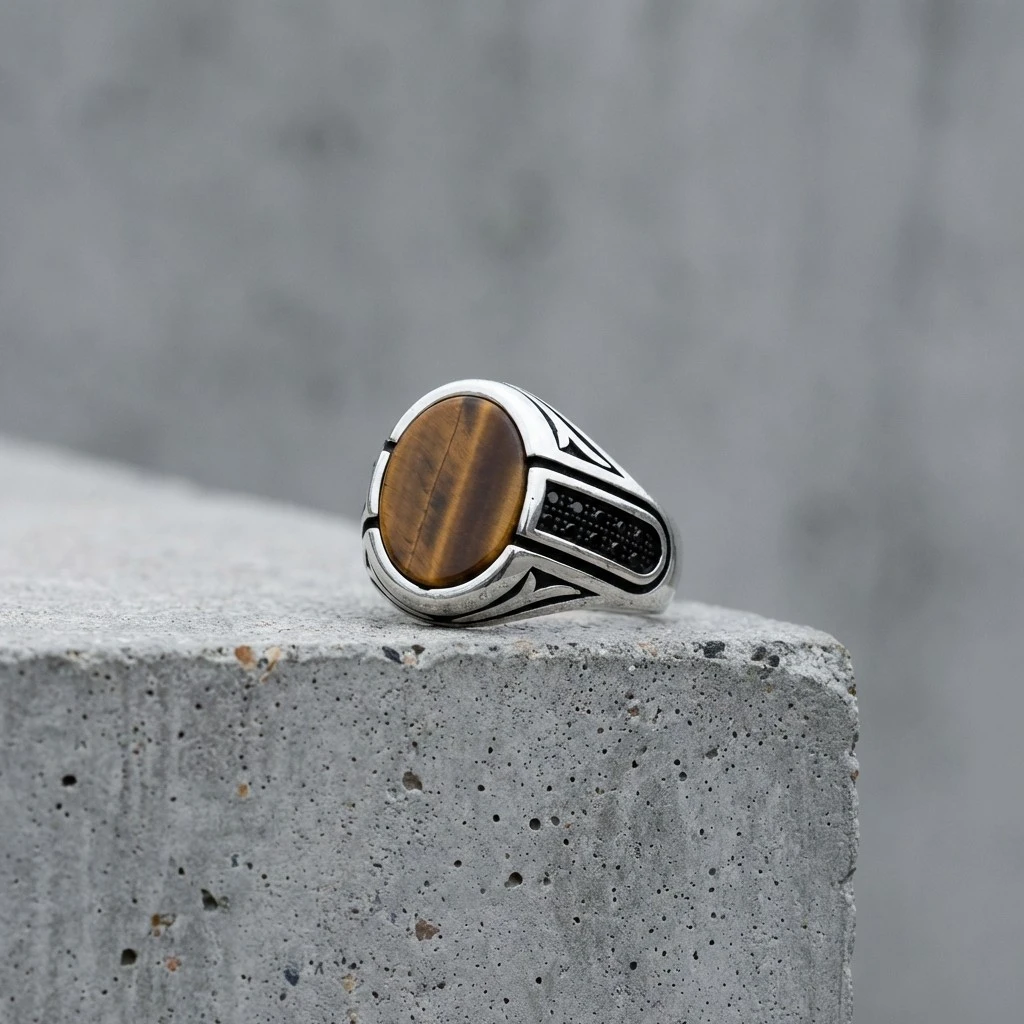 Kaplan Gözü Taşlı Yanları Siyah Zirkon İşlemeli Erkek Yüzük