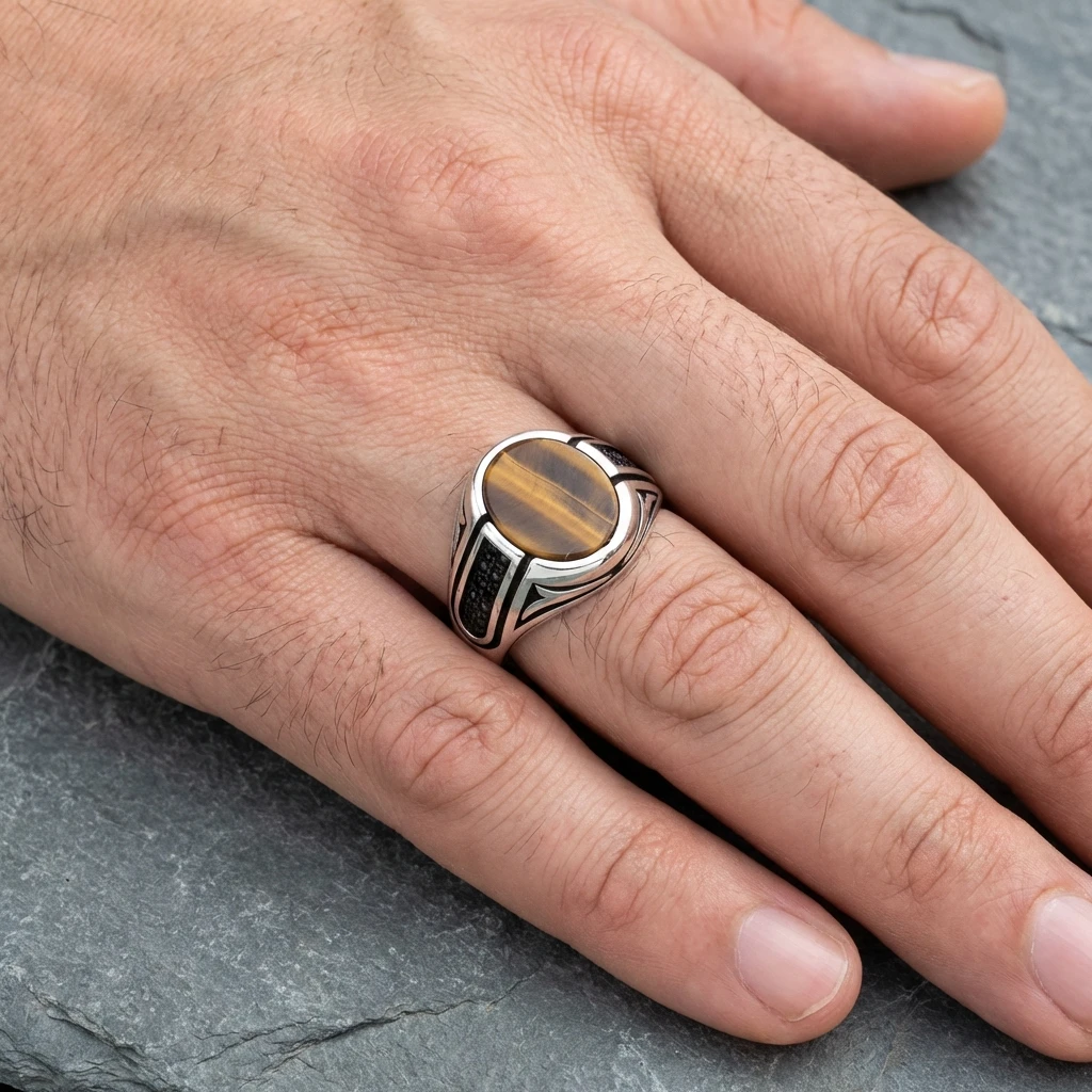 Kaplan Gözü Taşlı Yanları Siyah Zirkon İşlemeli Erkek Yüzük