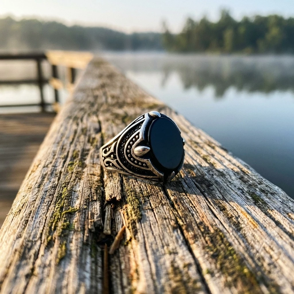 Çift Pençe Detaylı Siyah Oniks Erkek Yüzük