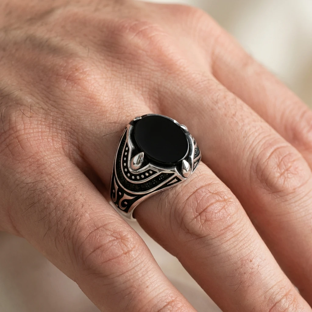 Çift Pençe Detaylı Siyah Oniks Erkek Yüzük