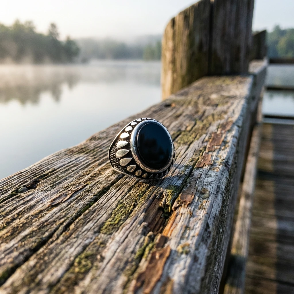 Özel Tasarım Dairesel Siyah Oniks Mühür Erkek Gümüş Yüzük