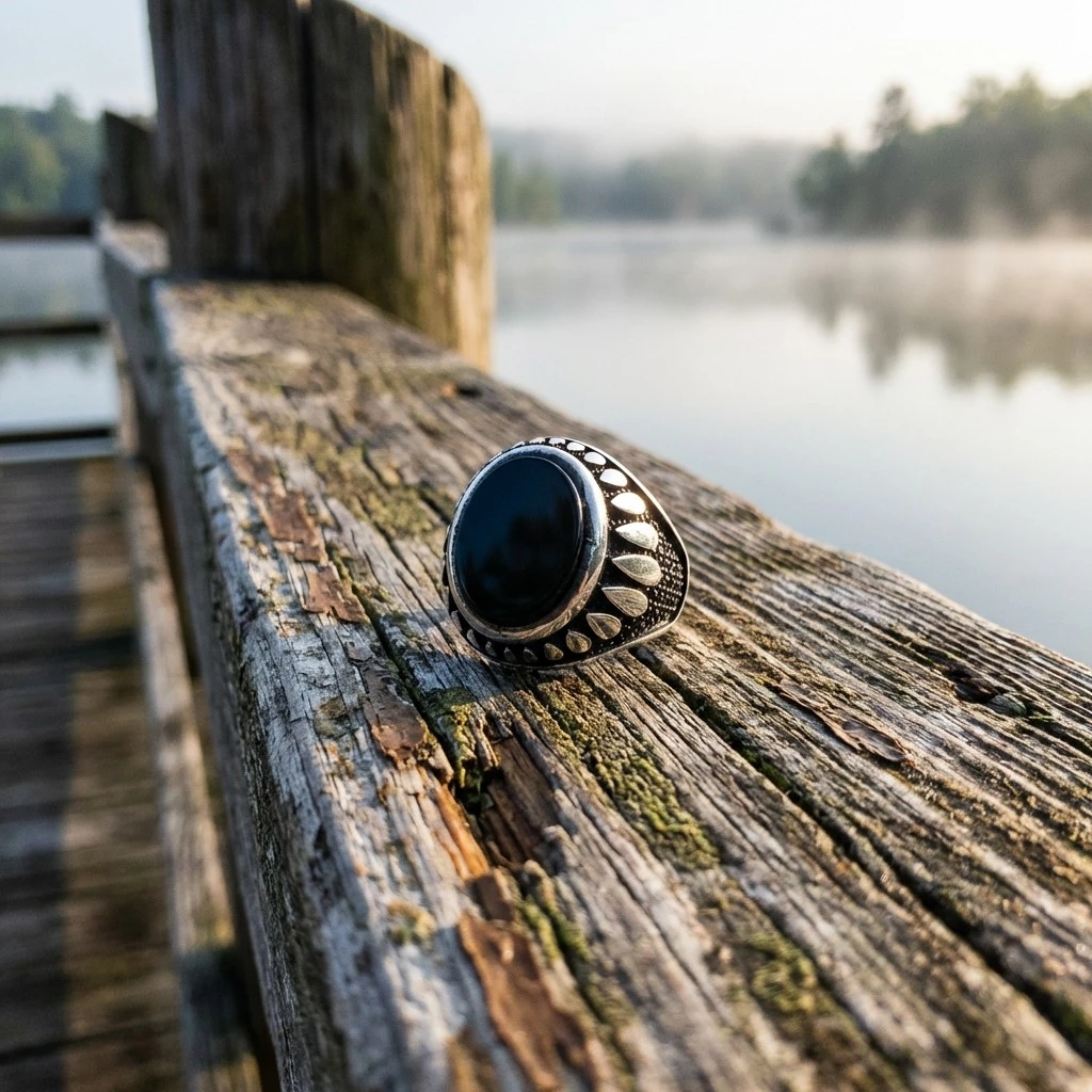 Özel Tasarım Dairesel Siyah Oniks Mühür Erkek Gümüş Yüzük