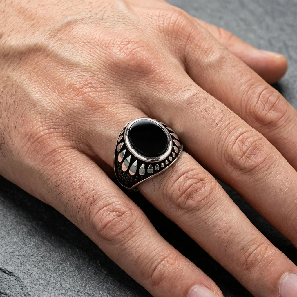 Özel Tasarım Dairesel Siyah Oniks Mühür Erkek Gümüş Yüzük