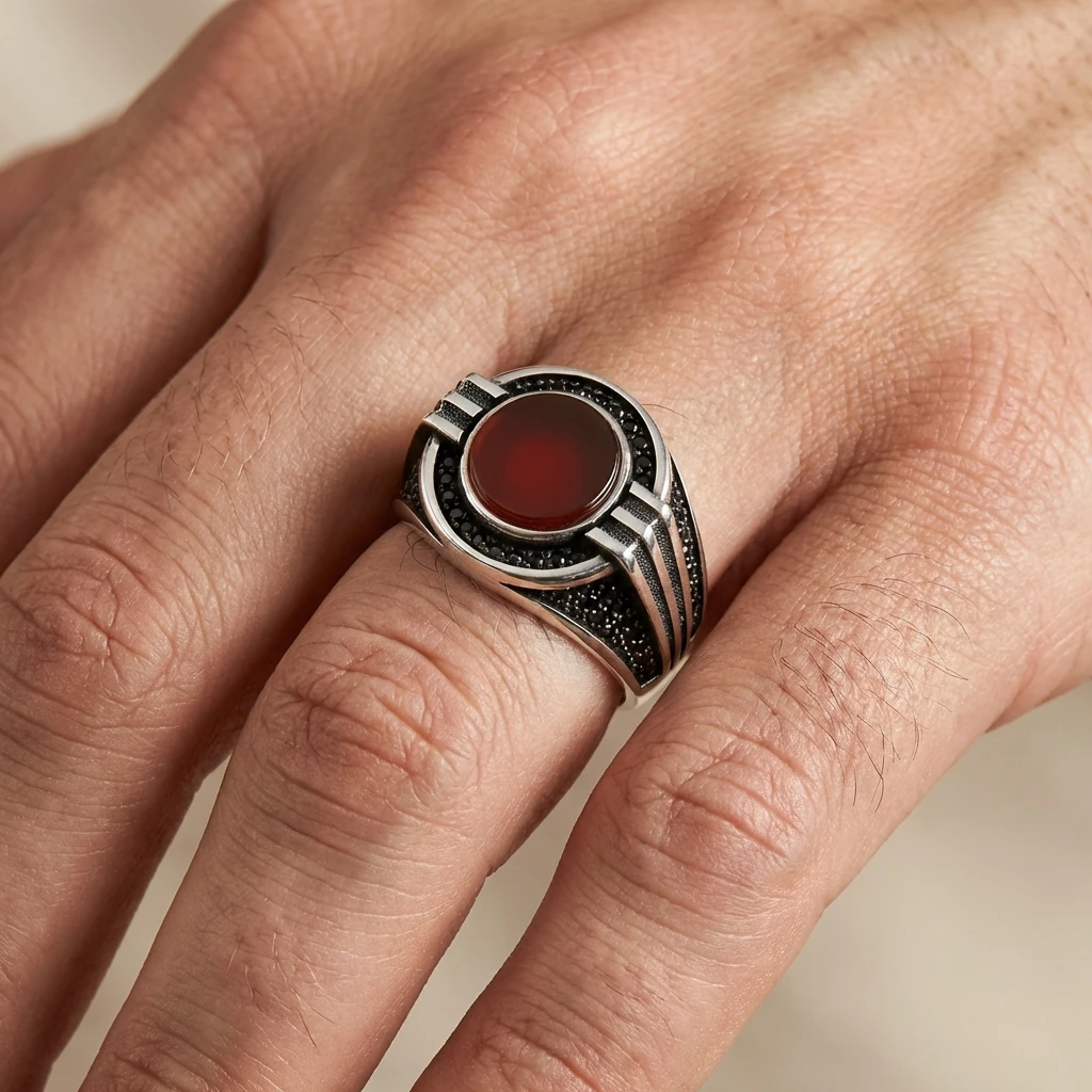 Akrep Figürlü ve Altın Kaplama Çerçeveli Oniks Erkek Yüzük