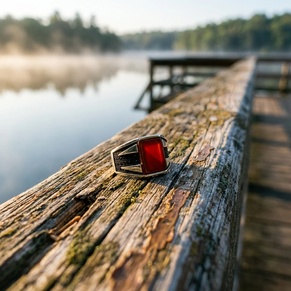 Piramit Dokulu Kaplan Gözü Taşlı Erkek Yüzük