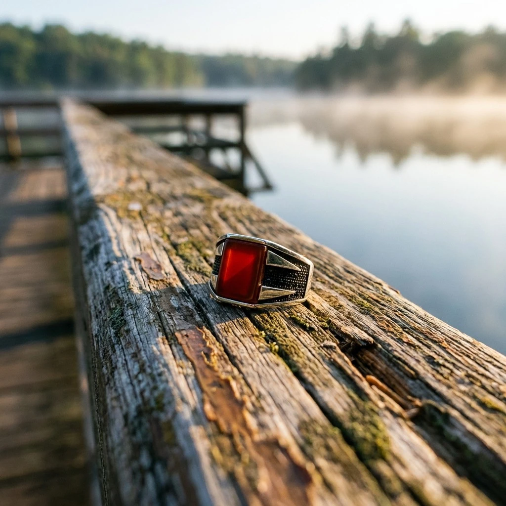 Piramit Dokulu Kaplan Gözü Taşlı Erkek Yüzük
