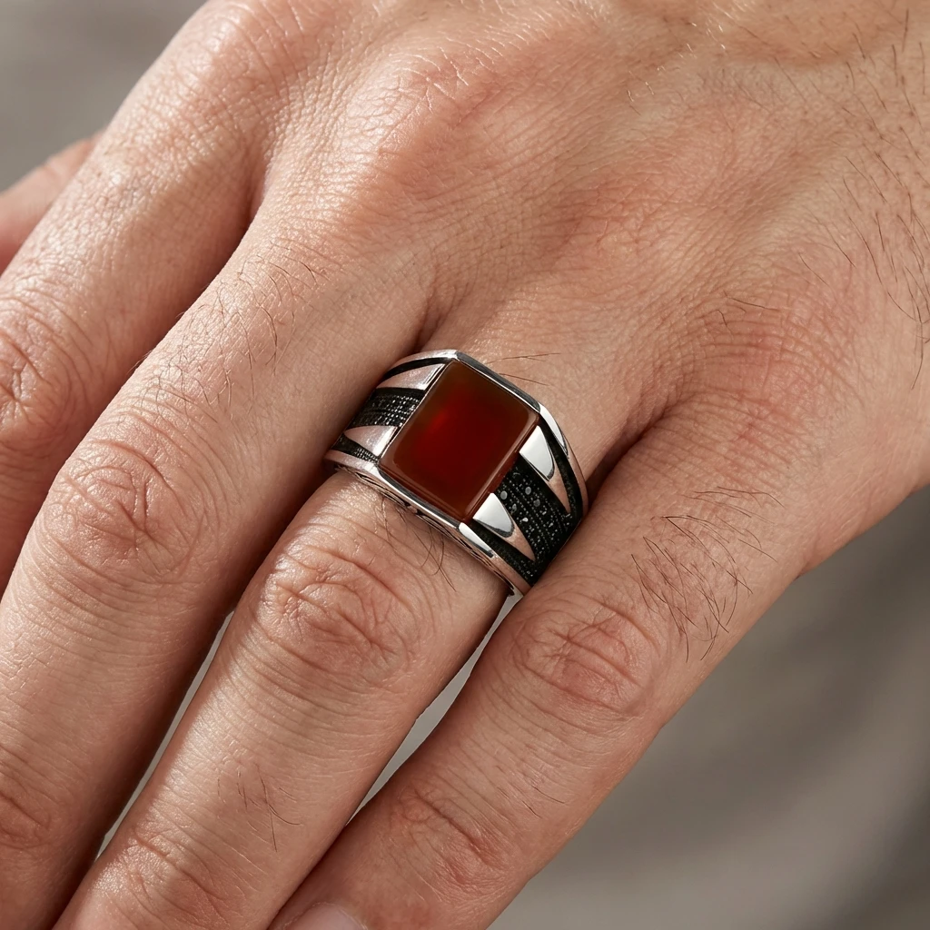 Piramit Dokulu Kaplan Gözü Taşlı Erkek Yüzük