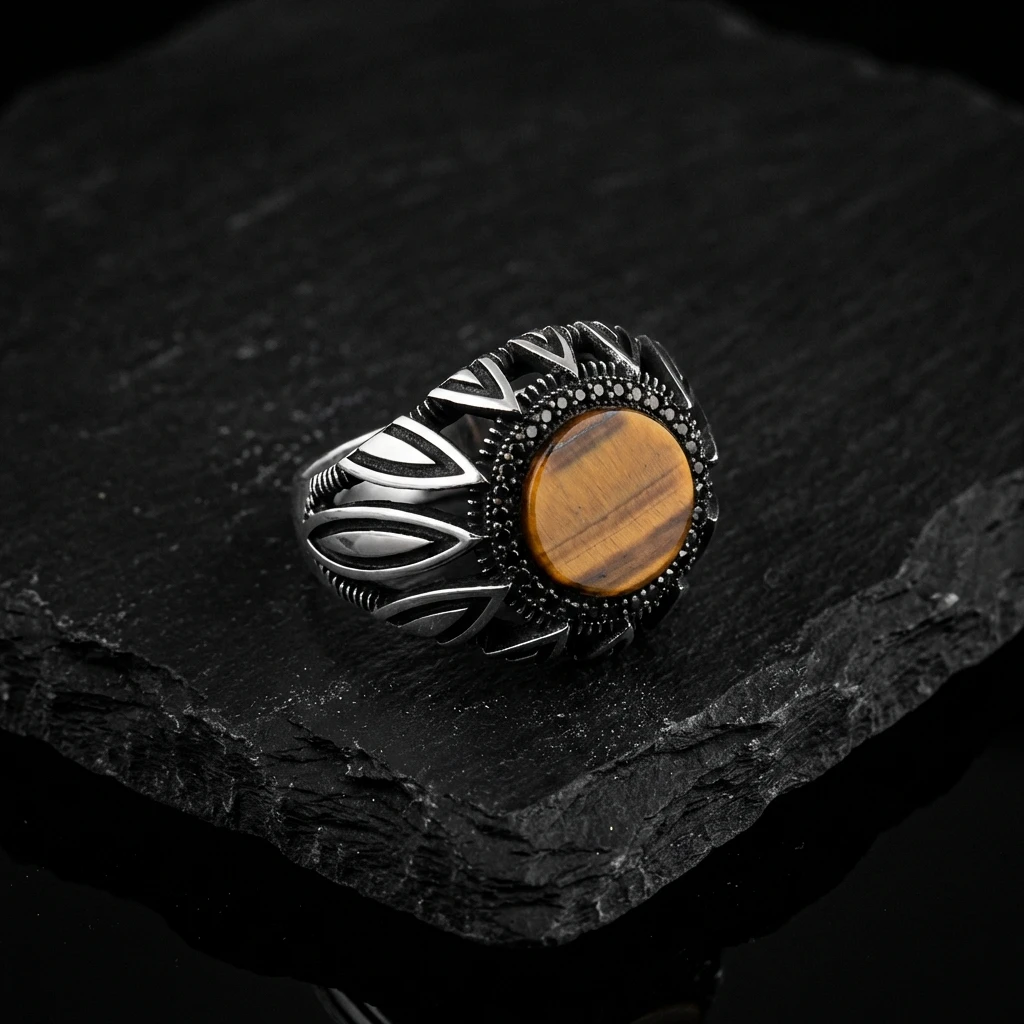 Keskin Kanat Tasarım Yuvarlak Kaplan Gözü Erkek Yüzük