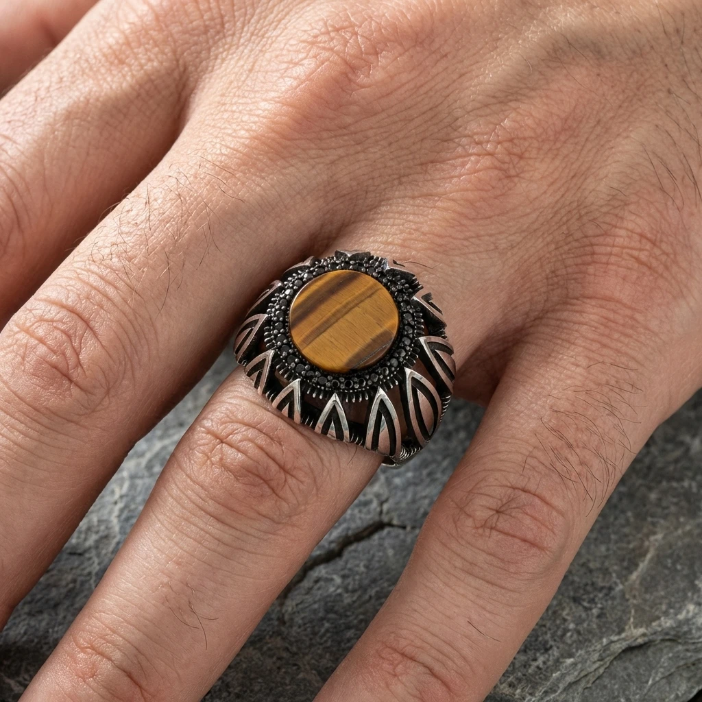 Keskin Kanat Tasarım Yuvarlak Kaplan Gözü Erkek Yüzük