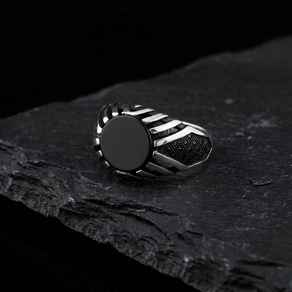 Kafes Tasarım Yuvarlak Siyah Oniks Erkek Yüzük