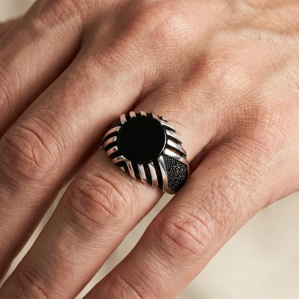 Kafes Tasarım Yuvarlak Siyah Oniks Erkek Yüzük
