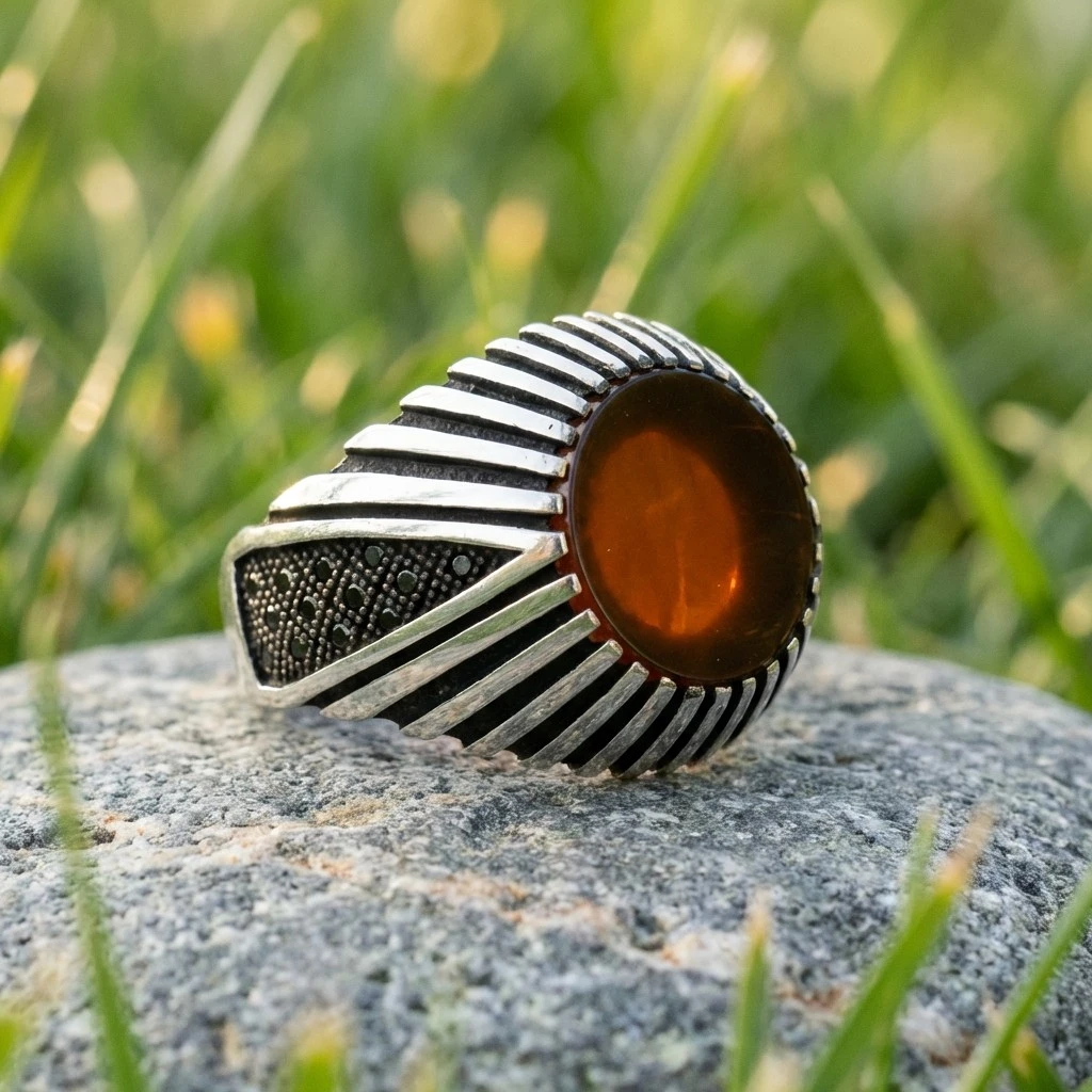 Işınsal Tasarım Yuvarlak Kırmızı Akik Erkek Yüzük