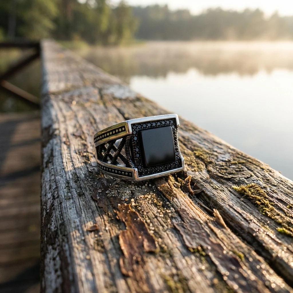 Kare Oniks Taşlı Helezonik Yay Tasarım Erkek Yüzük