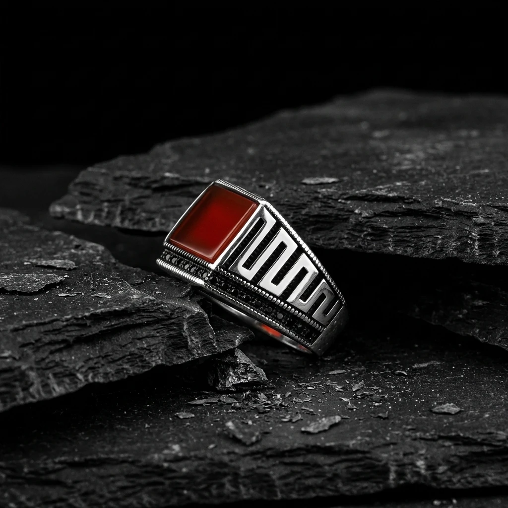 Dikdörtgen Turuncu Akik Taşlı Geometrik Erkek Yüzük