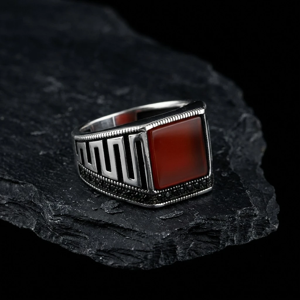 Dikdörtgen Turuncu Akik Taşlı Geometrik Erkek Yüzük