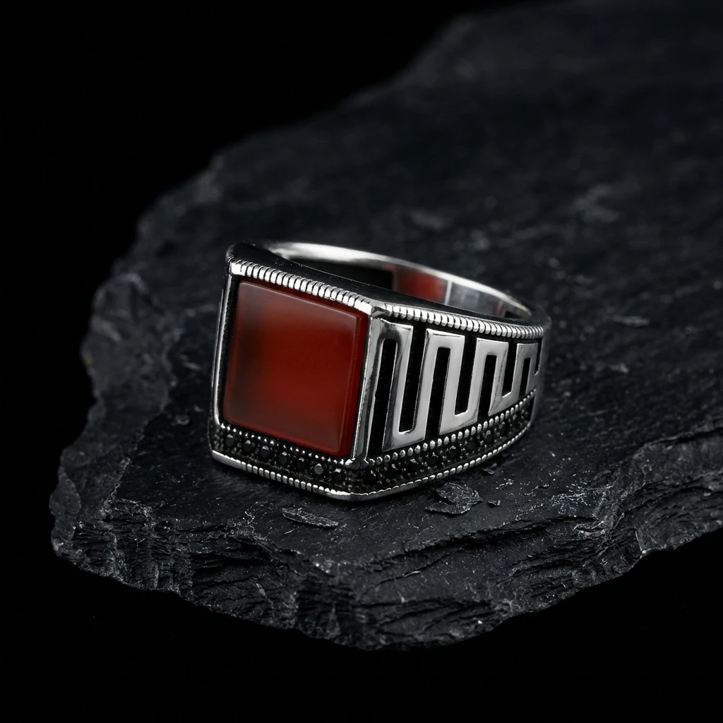 Dikdörtgen Turuncu Akik Taşlı Geometrik Erkek Yüzük