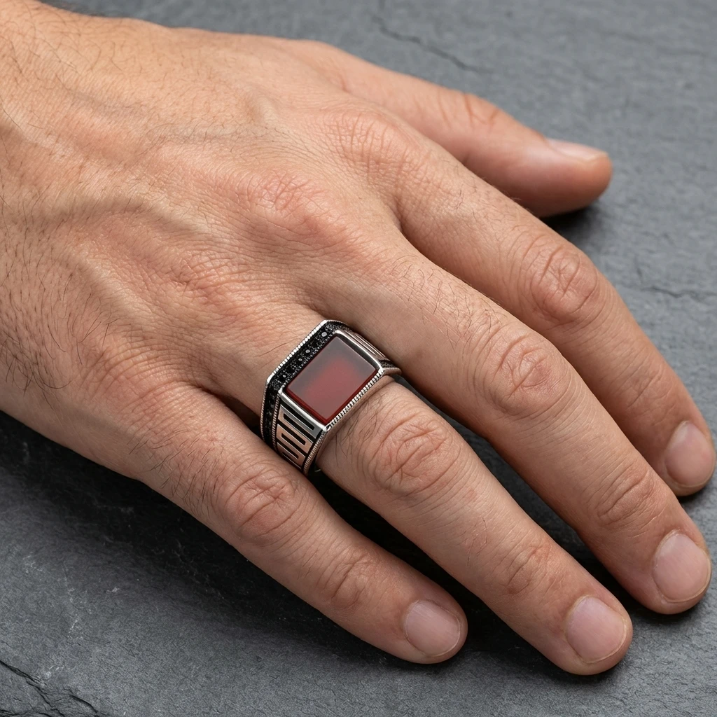 Dikdörtgen Turuncu Akik Taşlı Geometrik Erkek Yüzük