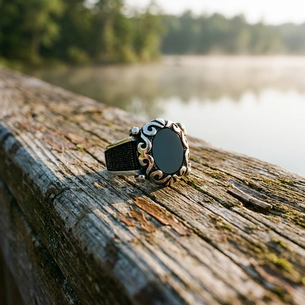 Kavisli İşlemeli Yuvarlak Siyah Oniks Erkek Yüzük