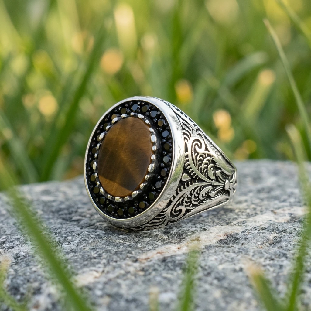 Floral İşlemeli ve Çift Sıra Taşlı Kaplan Gözü Erkek Yüzük