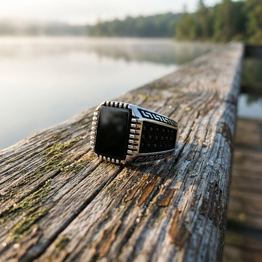 Grek Desenli Kare Siyah Oniks Erkek Yüzük