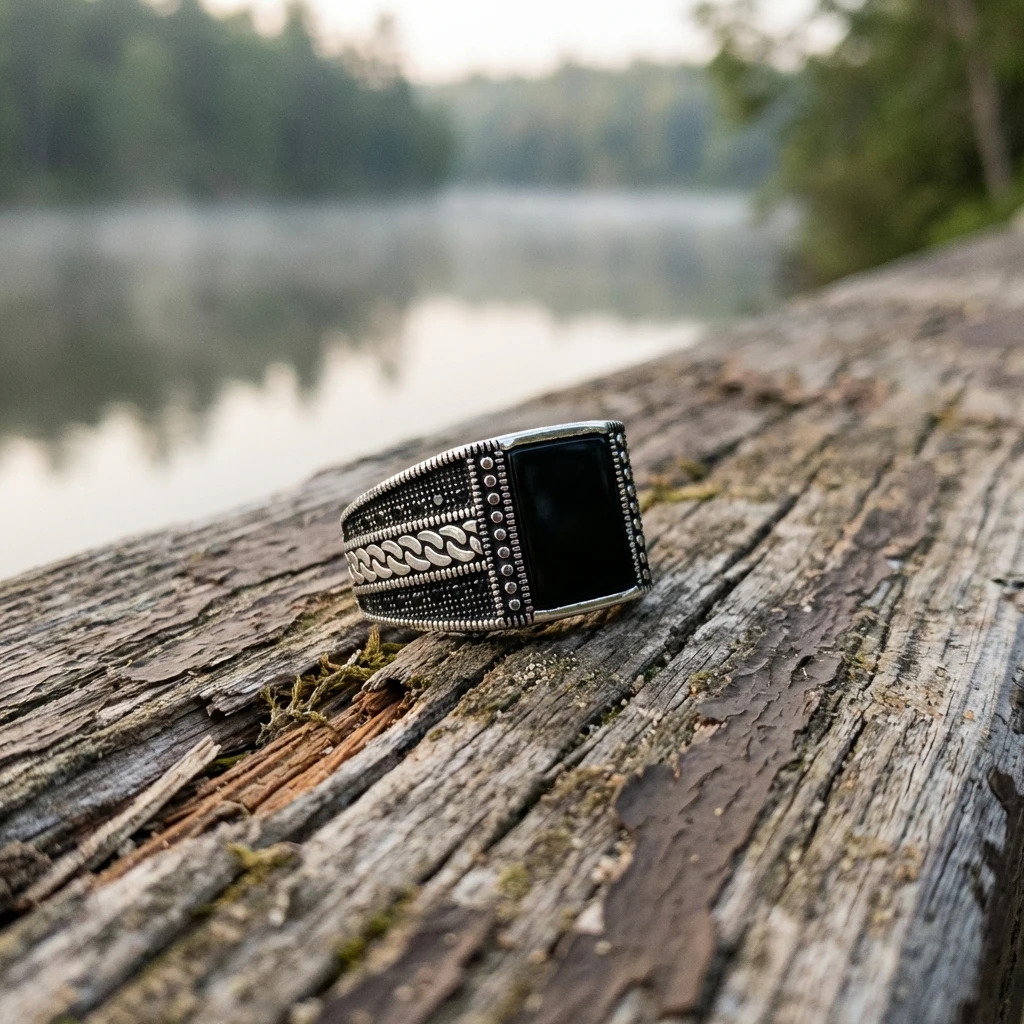 Örgü Motifli ve Şeritli Kare Siyah Oniks Erkek Yüzük