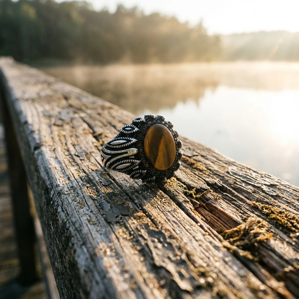 Grek Desenli ve Mikro Taşlı Kaplan Gözü Erkek Yüzük