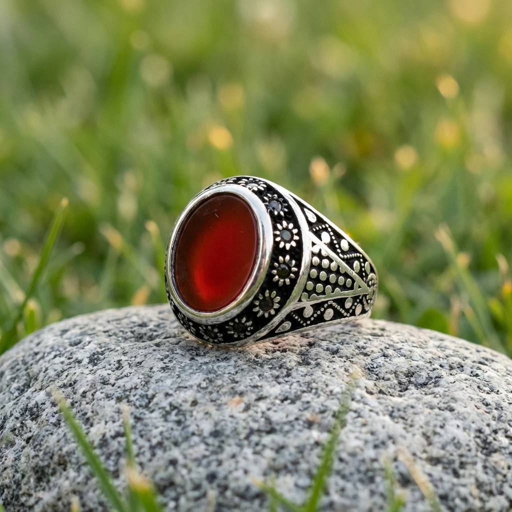 Işıltılı Kırmızı Akik Erkek Yüzük