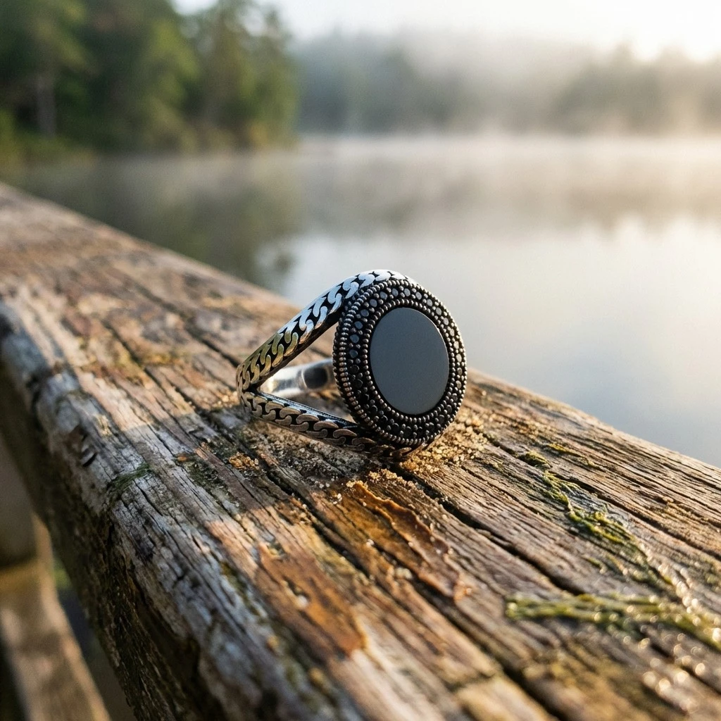 V-Kordon Tasarım Örgü Motifli Siyah Oniks Erkek Yüzük