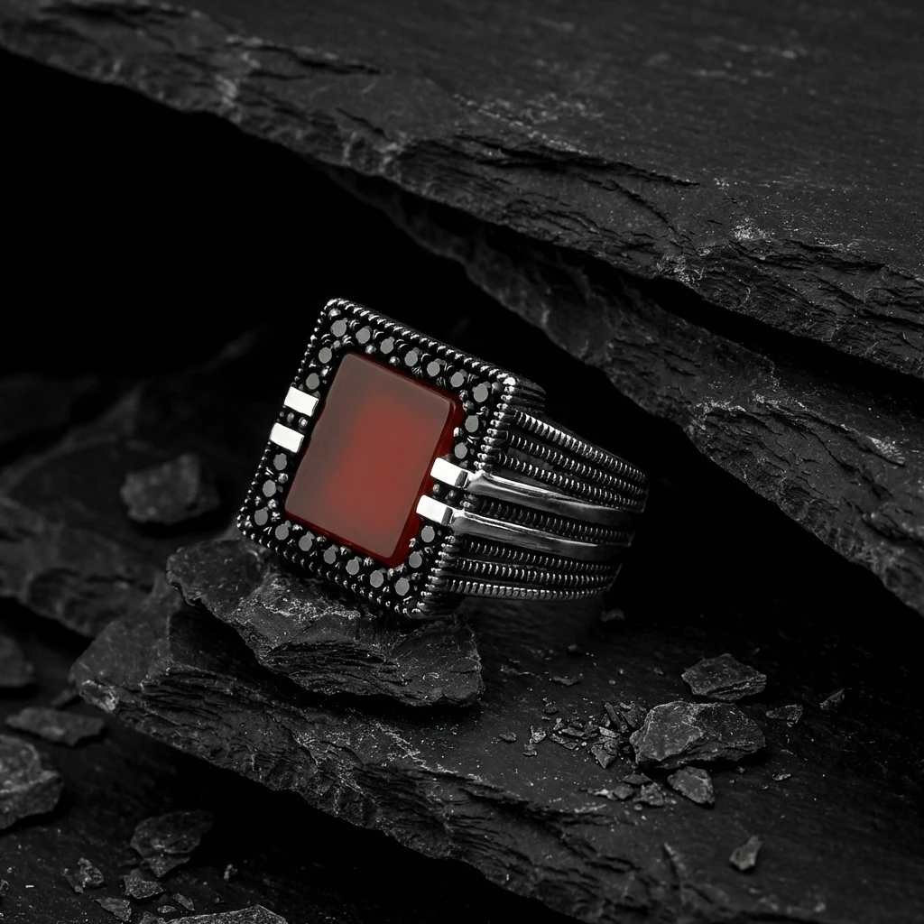 Kare Kırmızı Akik Taşlı Siyah Zirkon Mıhlamalı Erkek Yüzük