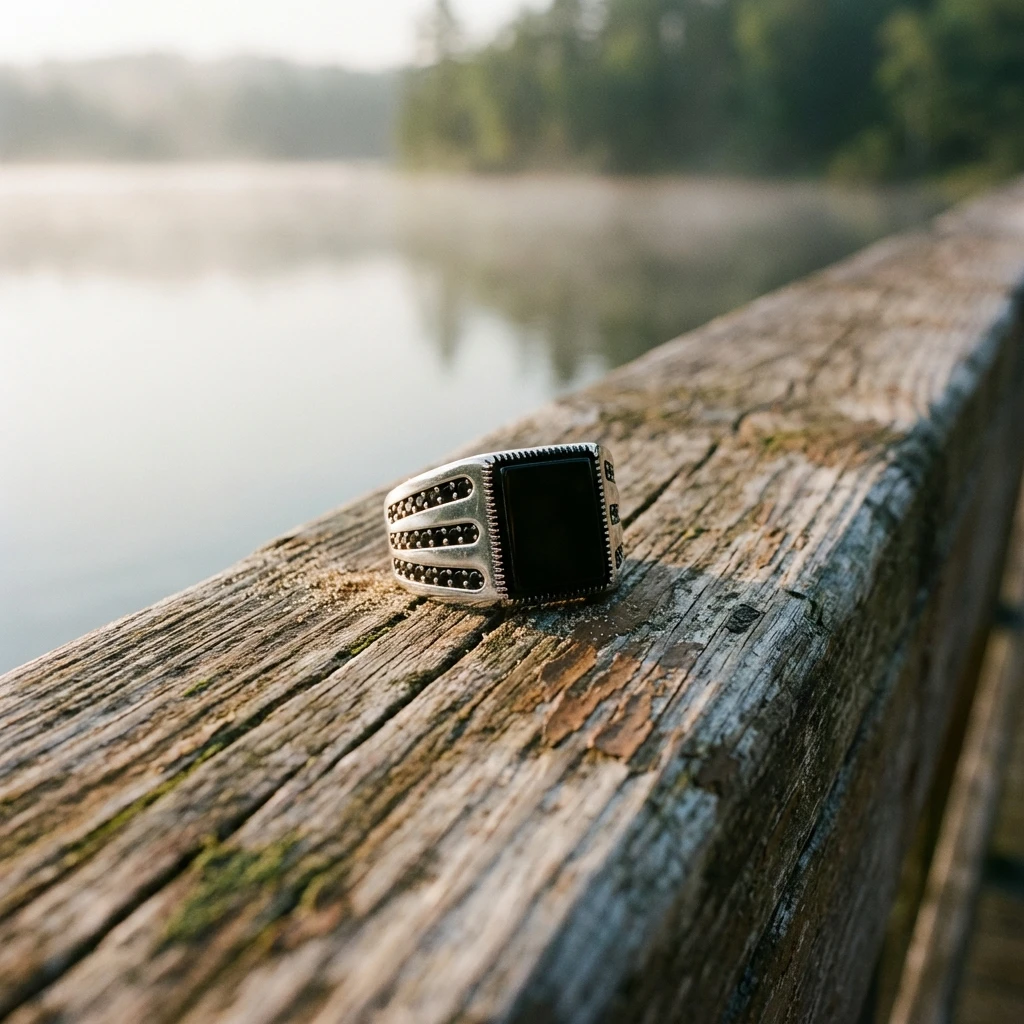 Siyah Kare Taşlı Modern Tasarım Gümüş Erkek Yüzüğü