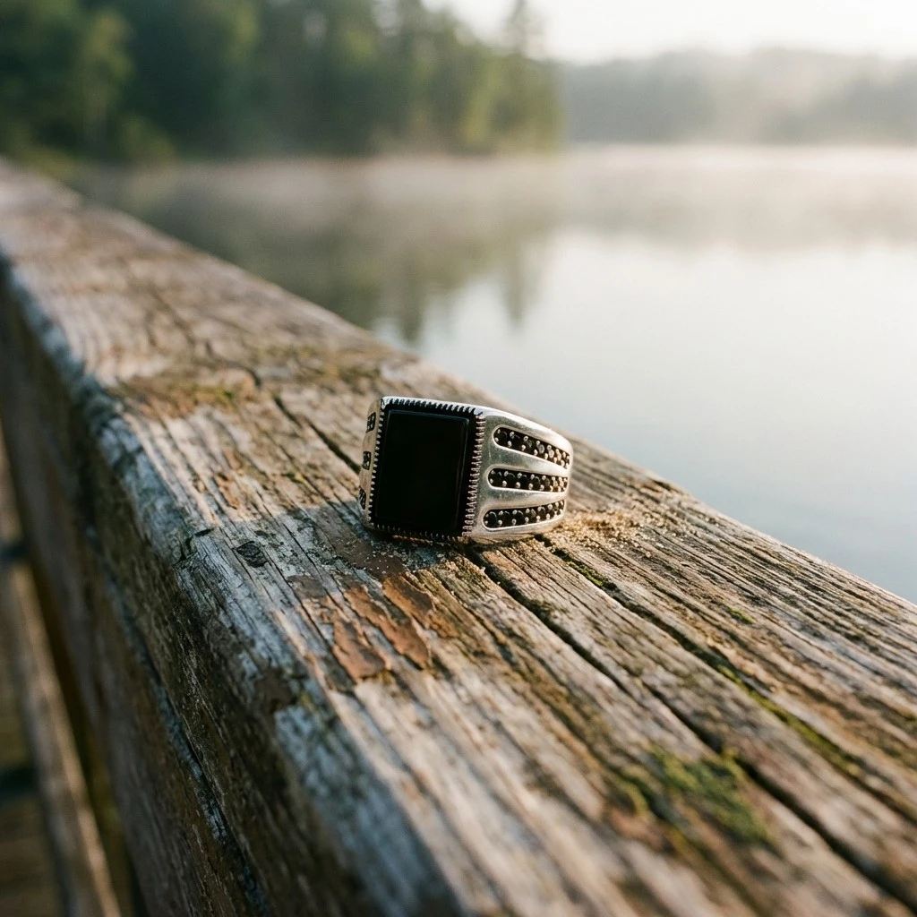 Siyah Kare Taşlı Modern Tasarım Gümüş Erkek Yüzüğü