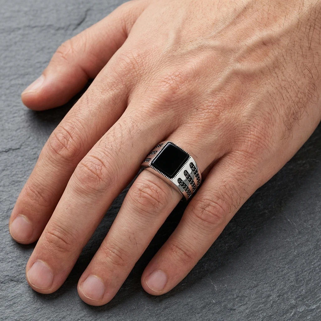 Siyah Kare Taşlı Modern Tasarım Gümüş Erkek Yüzüğü