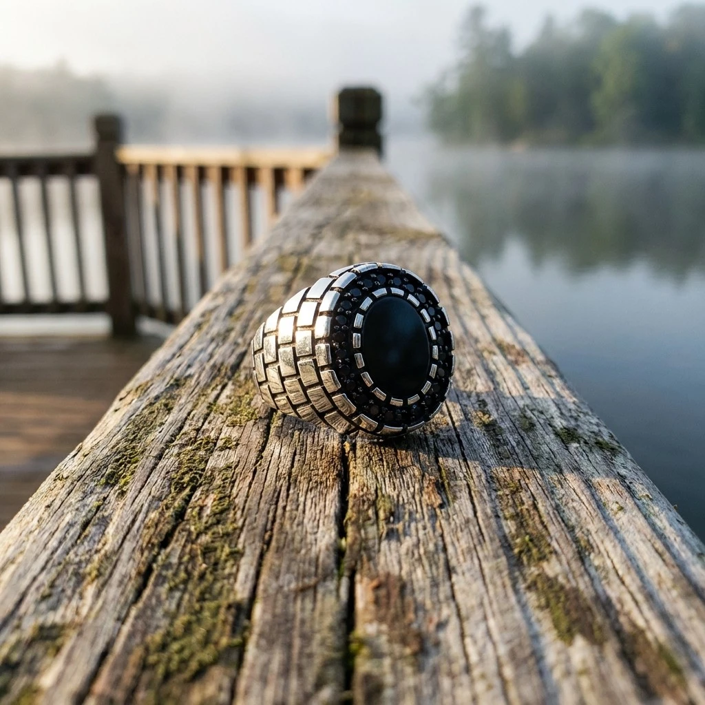 Geometrik Blok İşlemeli Siyah Taşlı Gümüş Erkek Yüzüğü