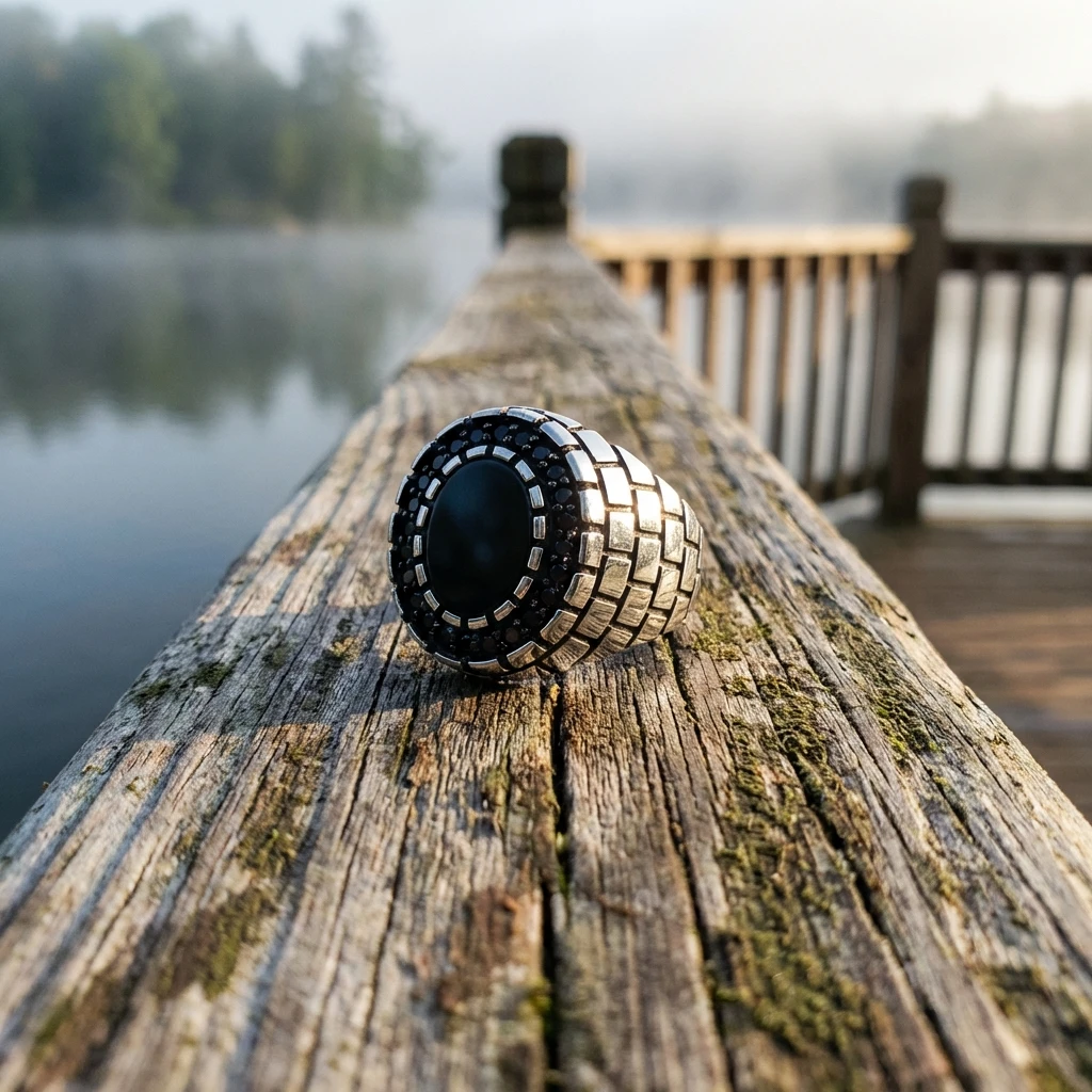 Geometrik Blok İşlemeli Siyah Taşlı Gümüş Erkek Yüzüğü