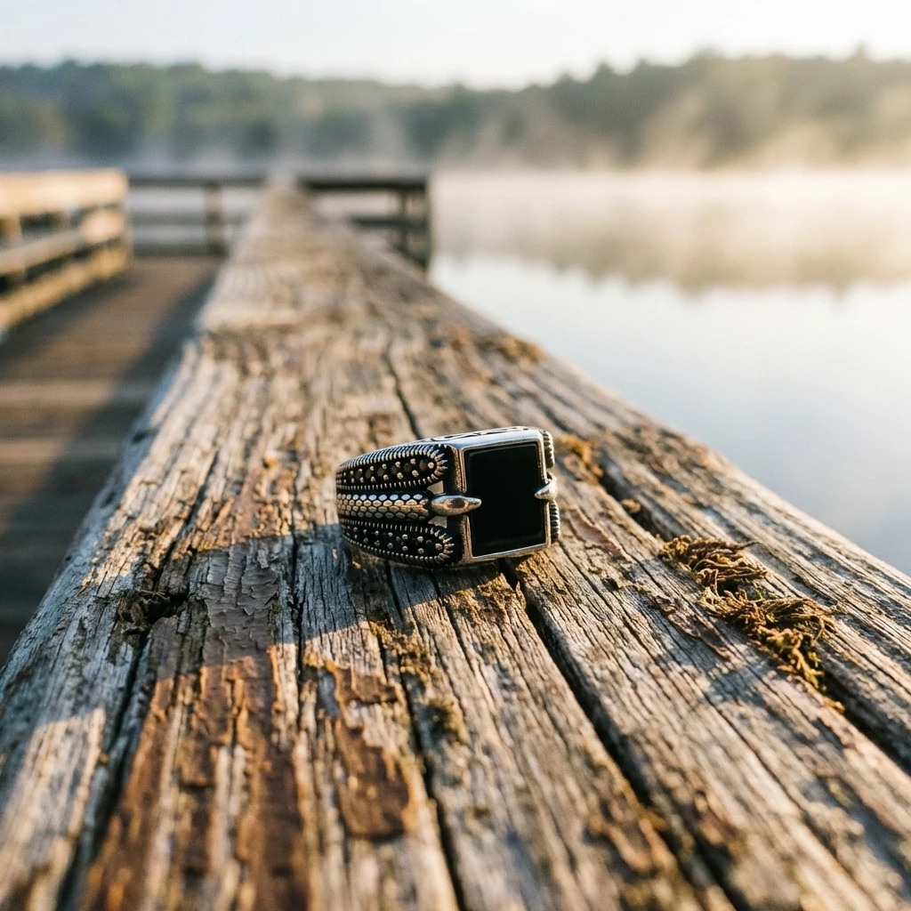 Kare Kesim Siyah Taşlı Özel Tasarım Gümüş Erkek Yüzüğü