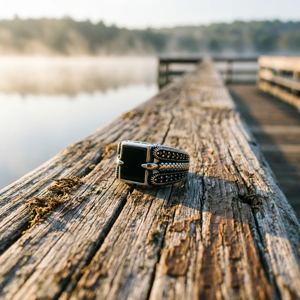 Kare Kesim Siyah Taşlı Özel Tasarım Gümüş Erkek Yüzüğü