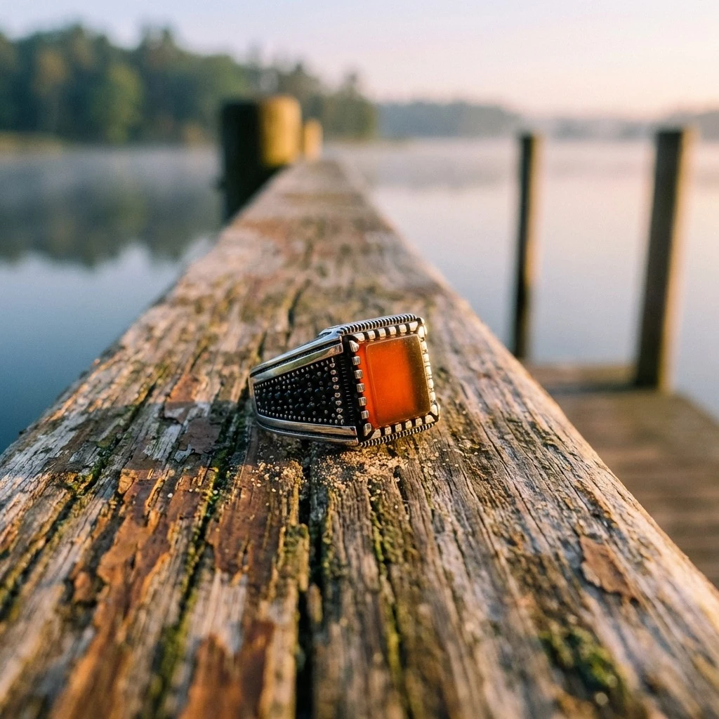 Özel İşçilikli Kare Kesim Akik Gümüş Erkek Yüzüğü