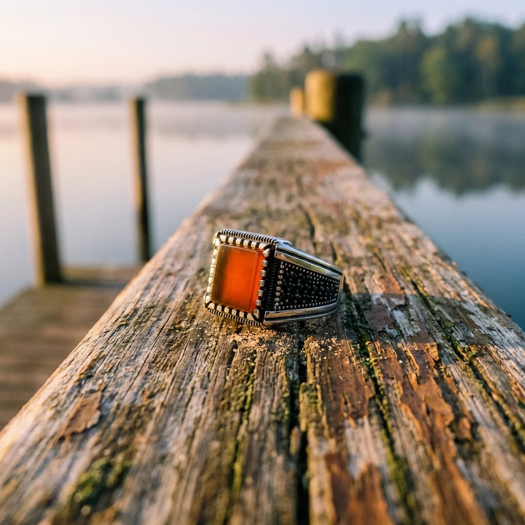 Özel İşçilikli Kare Kesim Akik Gümüş Erkek Yüzüğü