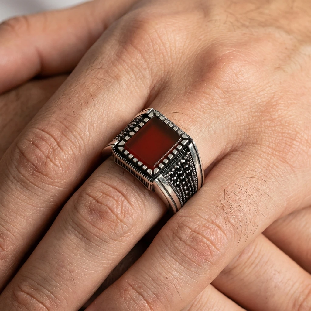 Özel İşçilikli Kare Kesim Akik Gümüş Erkek Yüzüğü